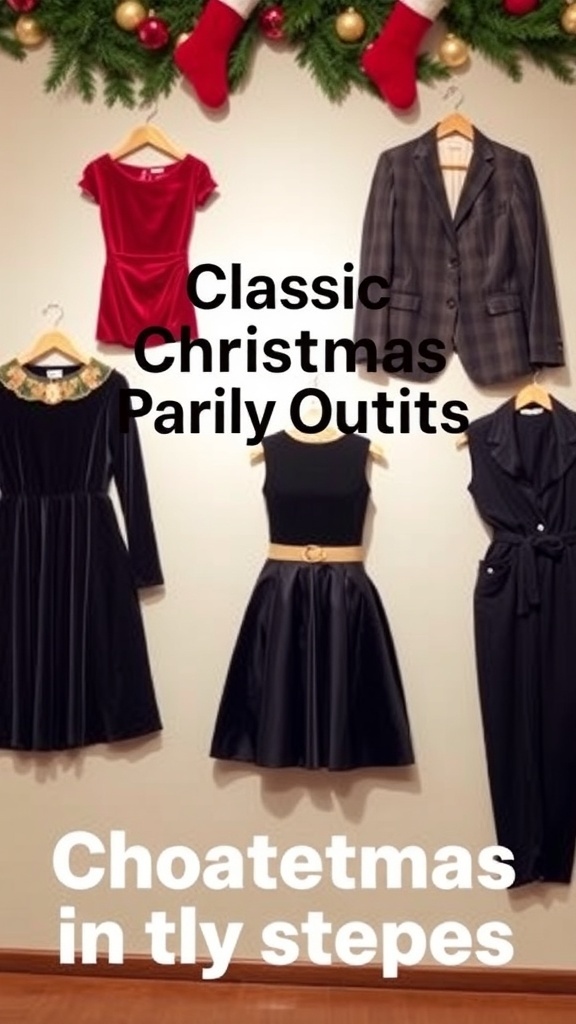 A collection of classic Christmas party outfits including a velvet dress, tailored suit, A-line skirt, little black dress, and retro jumpsuit on a festive background.
